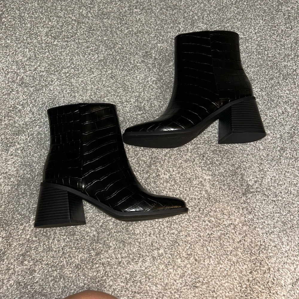 Black Croc-Embossed Ankle Boots